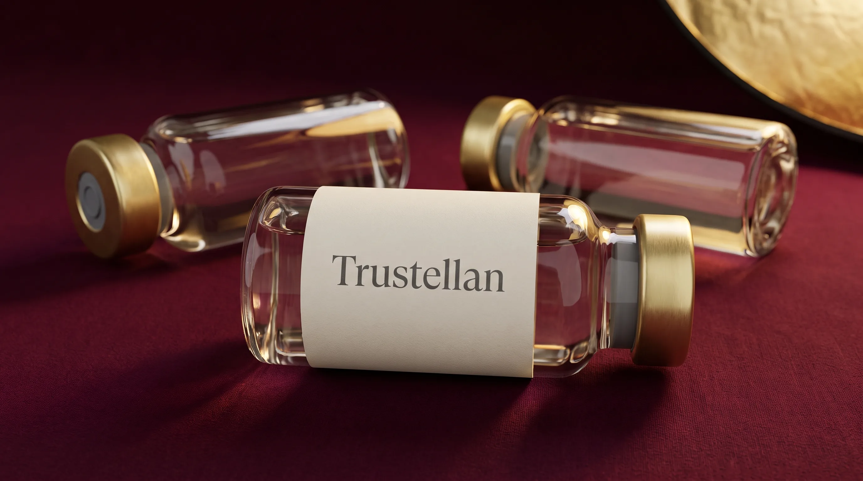 Trustellan research peptide vials — studio product photography